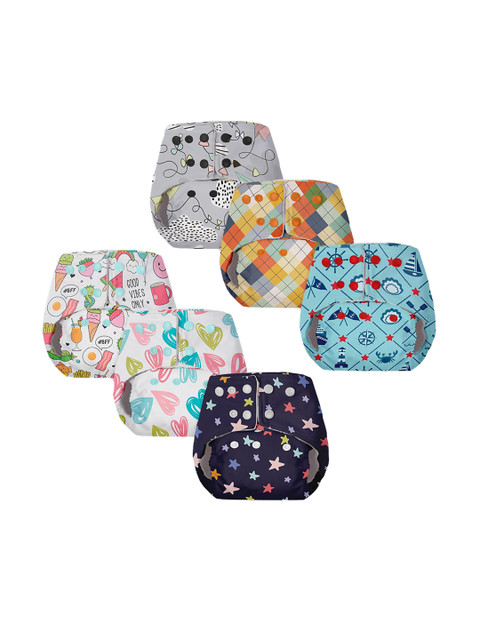 

SuperBottoms Infant Kids Pack Of 6 Printed Reusable Cloth Diapers, Blue