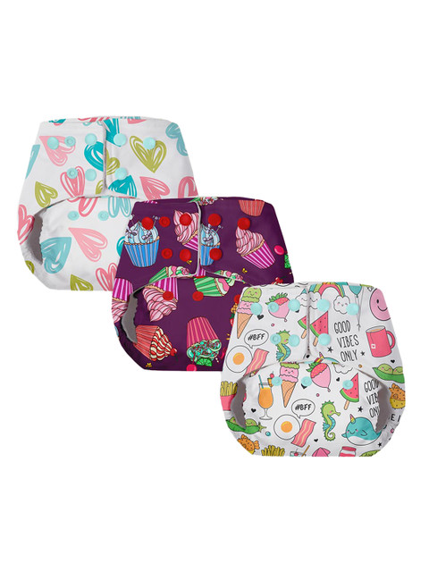 

SuperBottoms Infants Kids Pack Of 3 Printed Reusable Diapers, Green