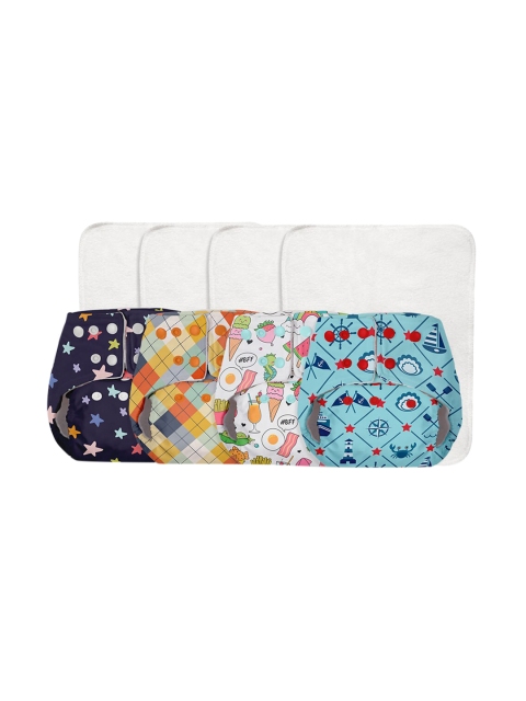 

SuperBottoms Infant Kids Pack Of 4 Printed Reusable Cloth Diapers, Blue