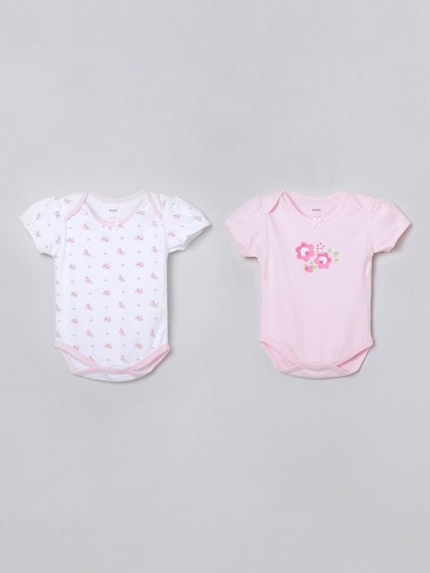 

max Infant Girls Pack of 2 White & Pink Pure Cotton Printed Bodysuits