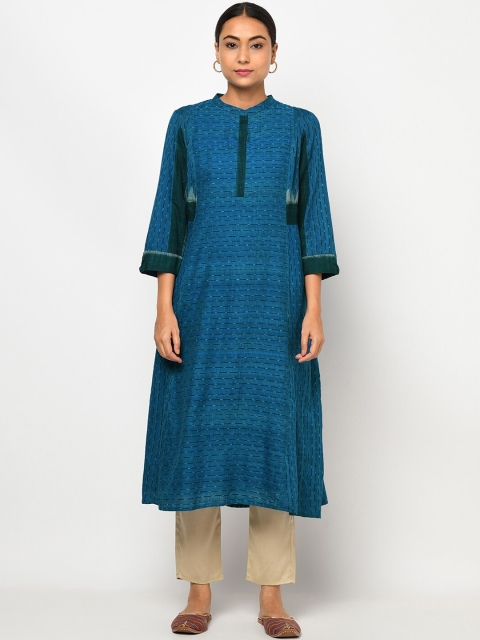

Fabindia Women Blue Striped Thread Work Anarkali Kurta
