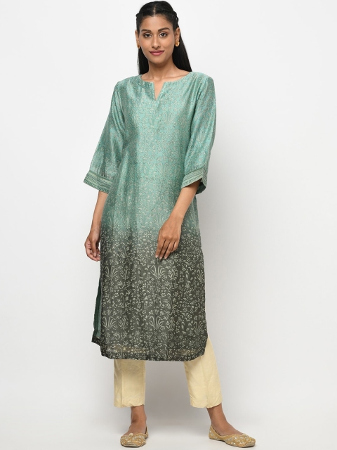 

Fabindia Women Green Geometric Striped Flared Sleeves Thread Work Kurta