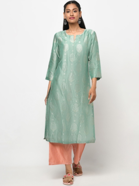 

Fabindia Women Green Ethnic Motifs Embroidered Keyhole Neck Thread Work Kurta