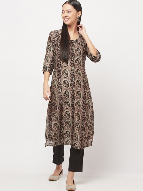 

Fabindia Women Black & Brown Ethnic Motifs Printed Cotton Silk Kurta
