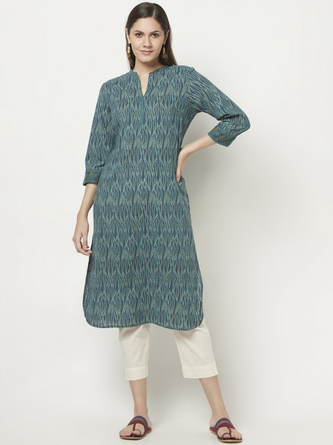 

Fabindia Women Green Striped Cotton Kurta
