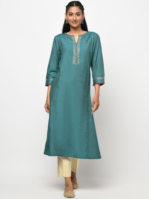 

Fabindia Women Green Thread Work Kurta