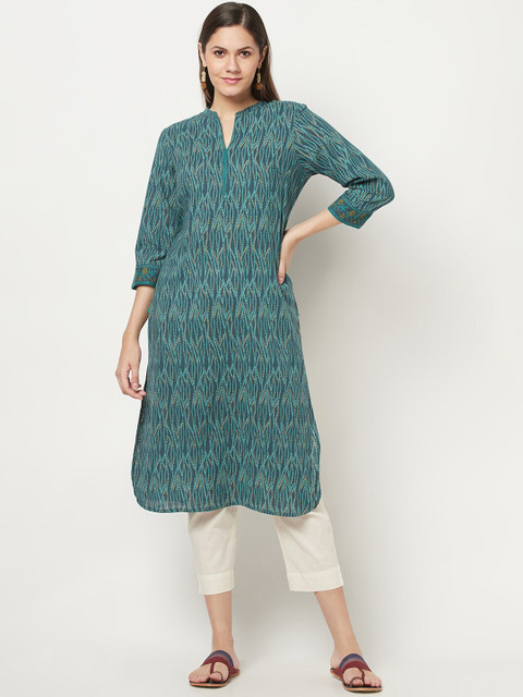 

Fabindia Women Green & Yellow Printed Thread Work Kurta