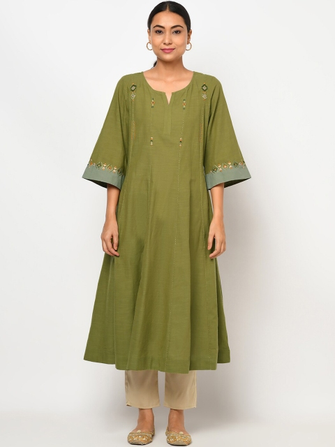 

Fabindia Women Green Embroidered A-Line Cotton Kurta