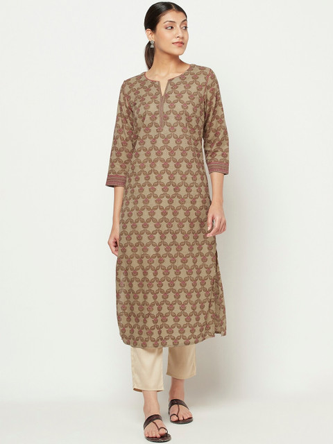 

Fabindia Women Beige & Brown Ethnic Motifs Printed Pure Cotton Kurta