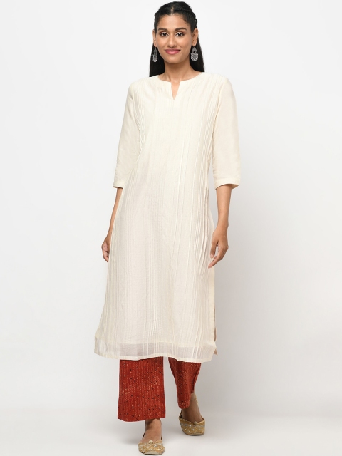 

Fabindia Women Beige Embroidered Keyhole Neck Chikankari Kurta