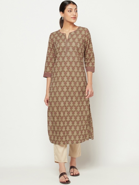 

Fabindia Women Beige Ethnic Motifs Printed Keyhole Neck Kurta