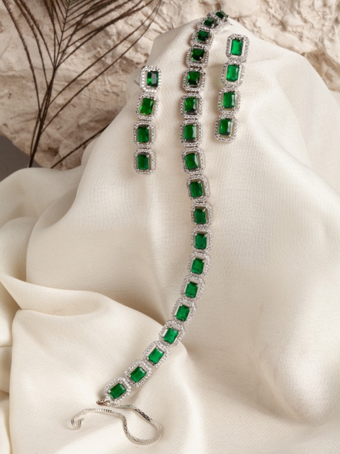 

DUGRISTYLE Silver-Plated & Green AD-Studded Jewellery Set