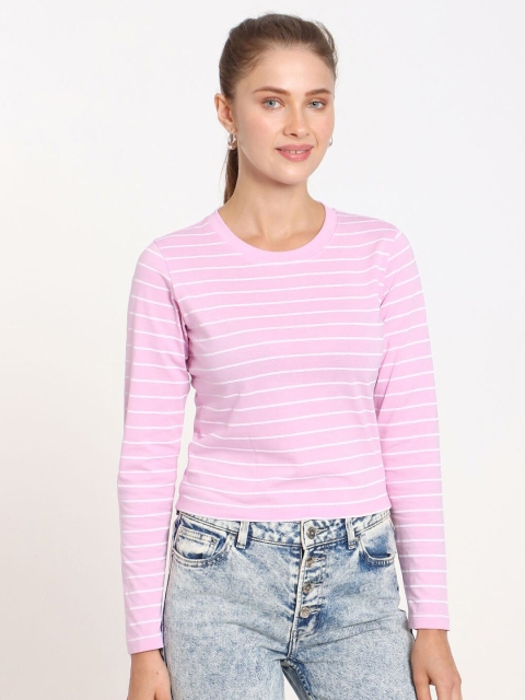 

Bewakoof Pink & White Striped Cotton Regular Top