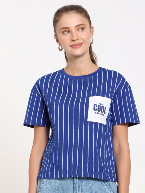 

Bewakoof Blue & White Striped Pockets Pure Cotton Crop Regular Fit Top