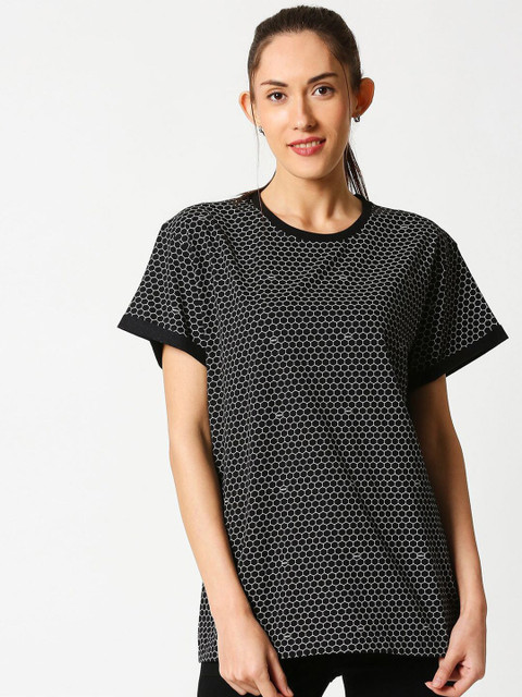 

Bewakoof Women Black Printed Drop-Shoulder Sleeves T-shirt