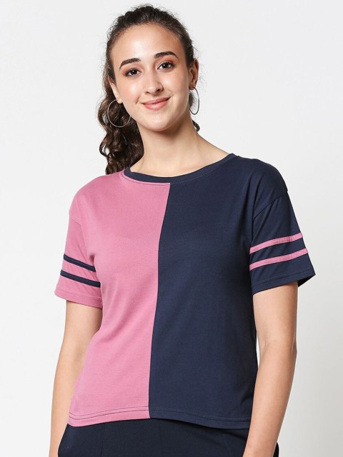 

Bewakoof Women Navy Blue & Pink Colourblocked Drop-Shoulder Sleeves Cotton T-shirt