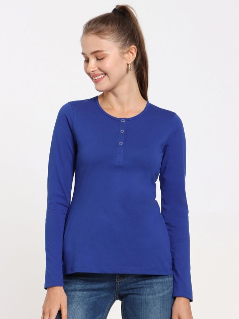 

Bewakoof Women Blue Henley Neck Cotton T-shirt