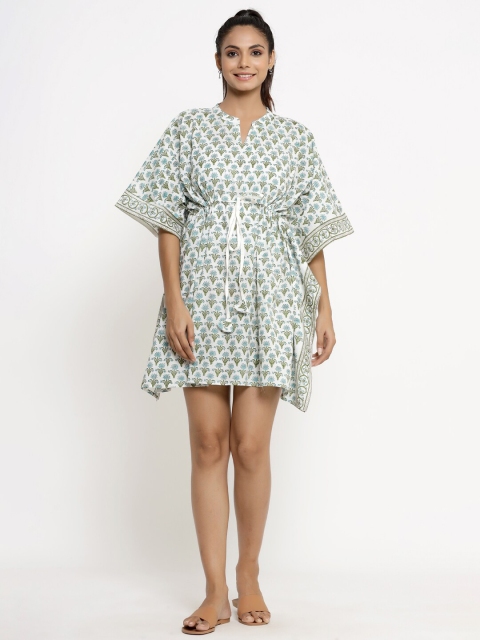 

kipek White & Green Ethnic Motifs Printed Pure Cotton Kaftan Nightdress