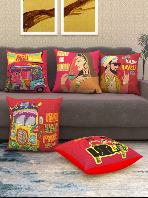 

Athom Trendz Red & Yellow Set of 5 Quirky Square Cushion Covers