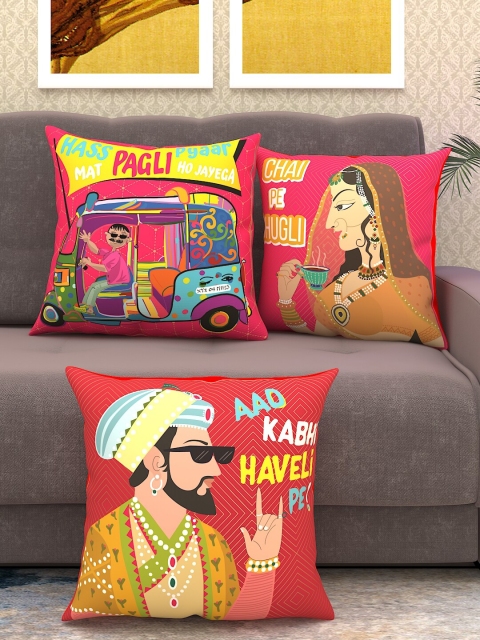 

Athom Trendz Multicoloured Set of 3 Quirky Square Cushion Covers, Multi