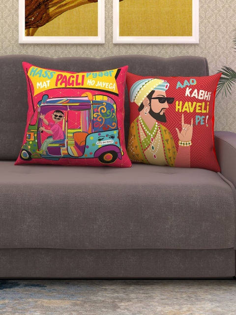 

Athom Trendz Red & Yellow Set of 2 Quirky Square Cushion Covers