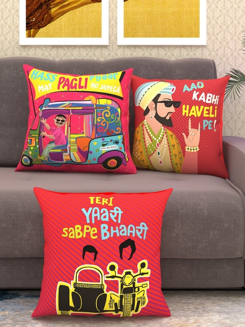 

Athom Trendz Red & Yellow Set of 3 Quirky Square Cushion Covers