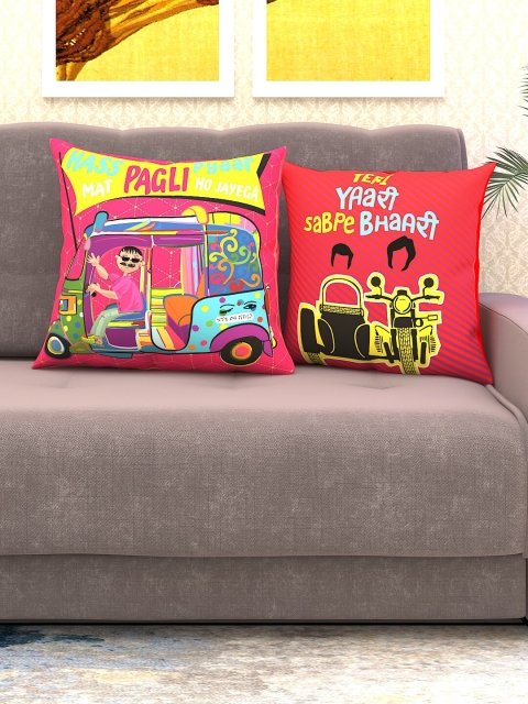 

Athom Trendz Red & Pink Set of 2 Quirky Square Cushion Covers