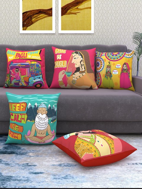 

Athom Trendz Multicoloured Set of 5 Decorative Indie Square Cushion Covers, Multi