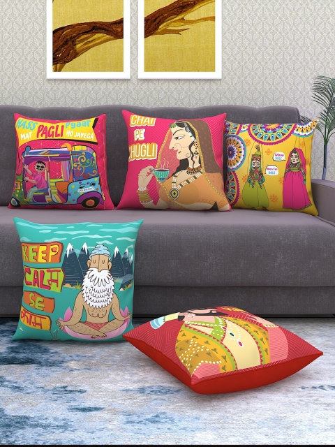 

Athom Trendz Set of 5 Printed Square Cushions with Cover, Pink