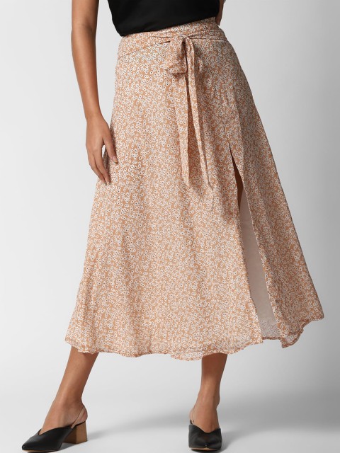 

FOREVER 21 Women Beige & White Floral Printed Flared Midi Skirt