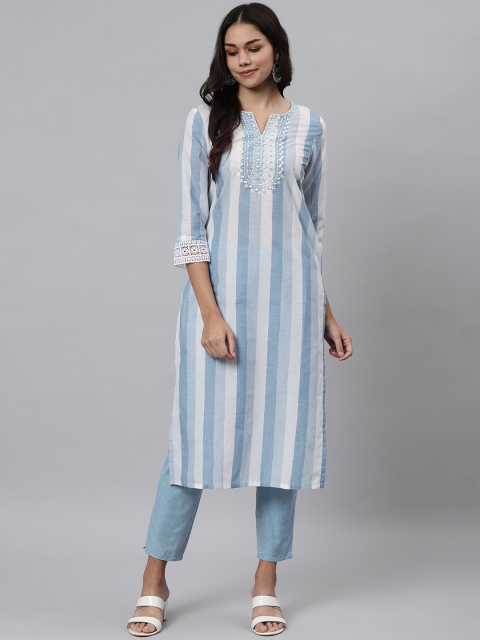 

Os Women Blue Striped Regular Pure Cotton Kurta with Trousers