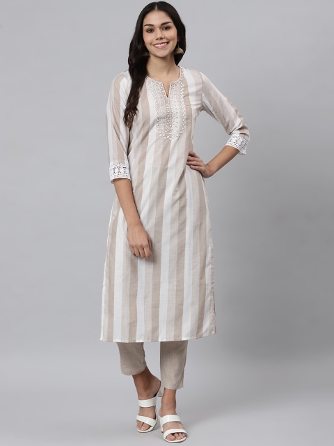 

Os Women Beige Striped Regular Pure Cotton Kurti with Trousers