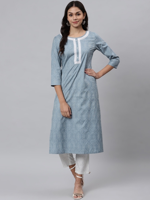 

Os Women Blue Striped Regular Thread Work Pure Cotton Kurta with Trousers