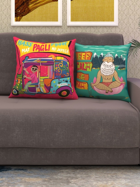 

Athom Trendz Pink & Yellow Set of 2 Quirky Square Cushion Covers