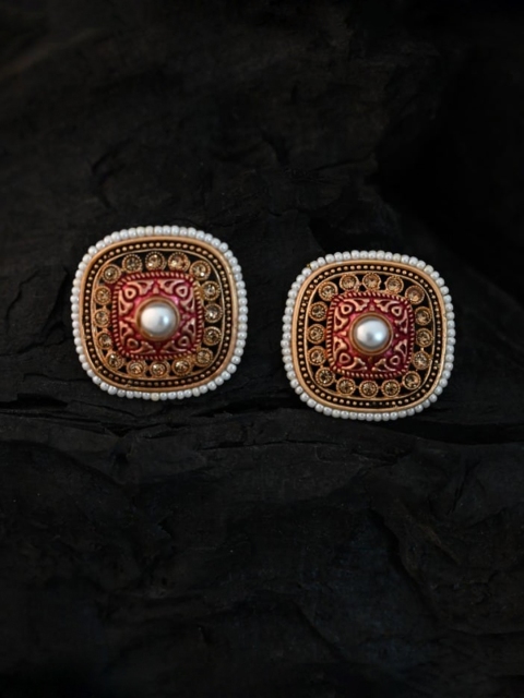 

justpeachy Red & Gold-Plated Ethnic Studs With Pearl Embellishment