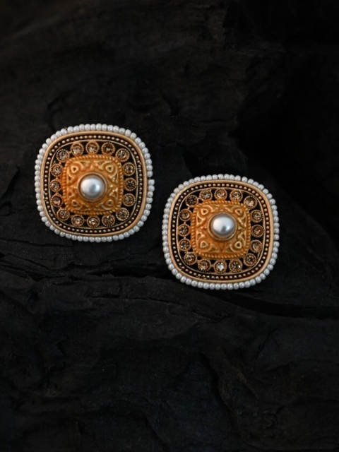 

justpeachy Yellow & Gold-Plated Ethnic Studs With Pearl Embellishment