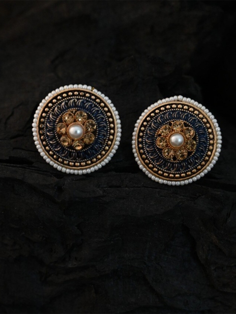 

justpeachy Navy Blue & Gold Toned Circular Studs Earrings