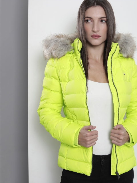 

Tommy Hilfiger Women Neon Green Solid Puffer Jacket With Detachable Fur Hood, Lime green