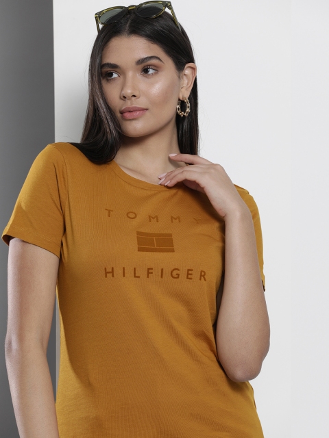 

Tommy Hilfiger Women Mustard Yellow Typography Printed Pure Cotton T-shirt