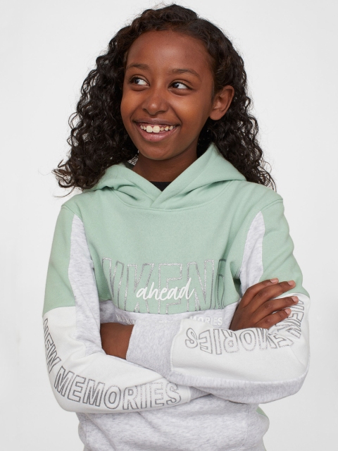 

H&M Girls Green & Grey Melange Printed Hoodie