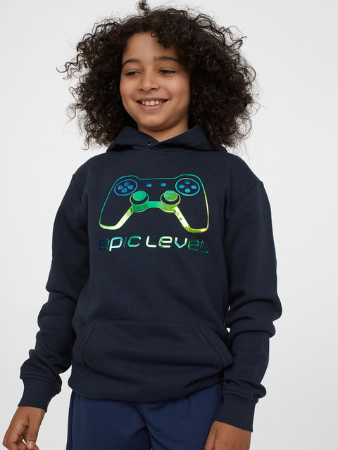 

H&M Boys Navy Blue & Green Printed Hoodie