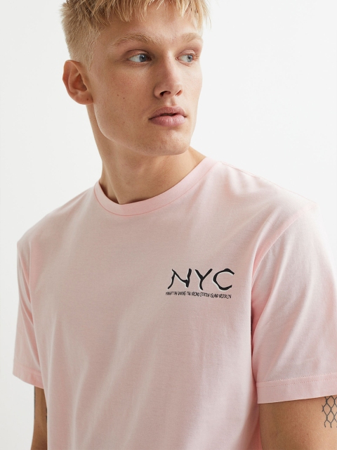 

H&M Men Pink & Grey Printed Cotton T-shirt