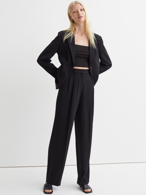 

H&M Women Black Solid Wide Crease-Leg Trousers