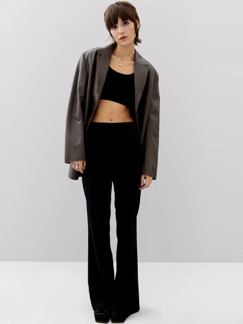 

H&M Women Black Solid Wide Crease-Leg Trousers