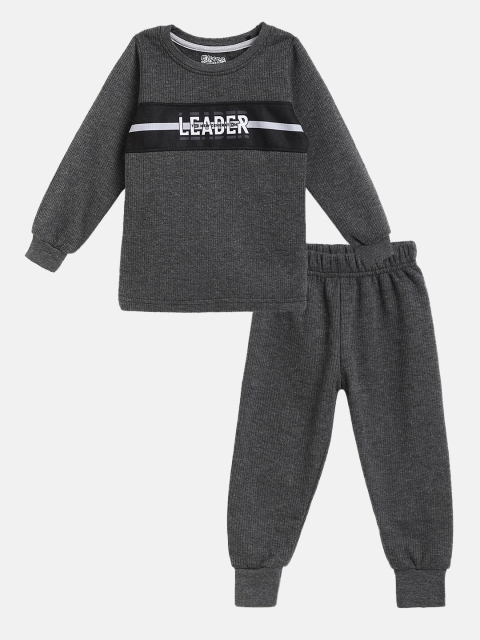 

Eteenz Boys Charcoal Grey Self Striped Cotton Thermal Set with Striped Detail