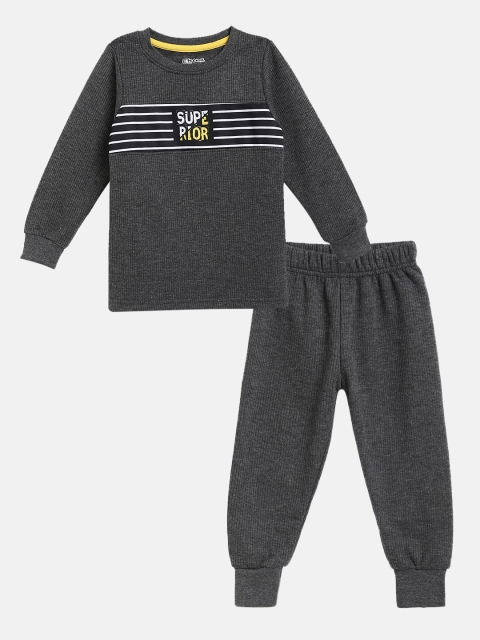 

Eteenz Boys Charcoal Grey Self Striped Cotton Thermal Set with Striped Detail