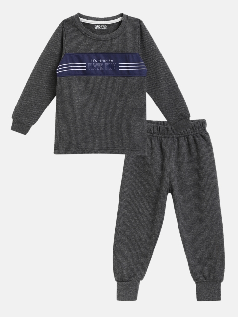 

Eteenz Boys Charcoal Grey Self Striped Cotton Thermal Set with Striped Detail