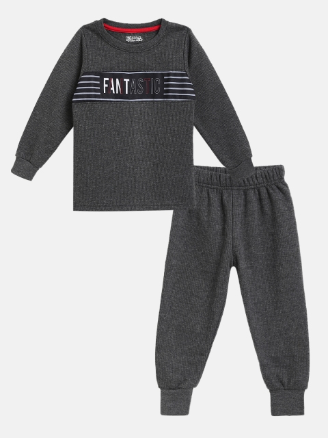 

Eteenz Boys Charcoal Grey Self Striped Cotton Thermal Set with Printed Detail