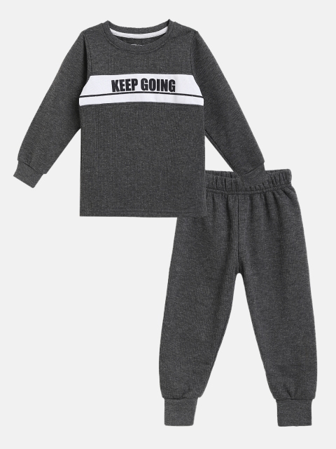 

Eteenz Boys Charcoal Grey & White Premium Cotton Self-Striped Typography Print Thermal Set
