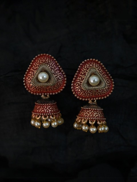 

justpeachy Pink Ethnic Meenkari Jhumkas With Pearl Embellishment, Red